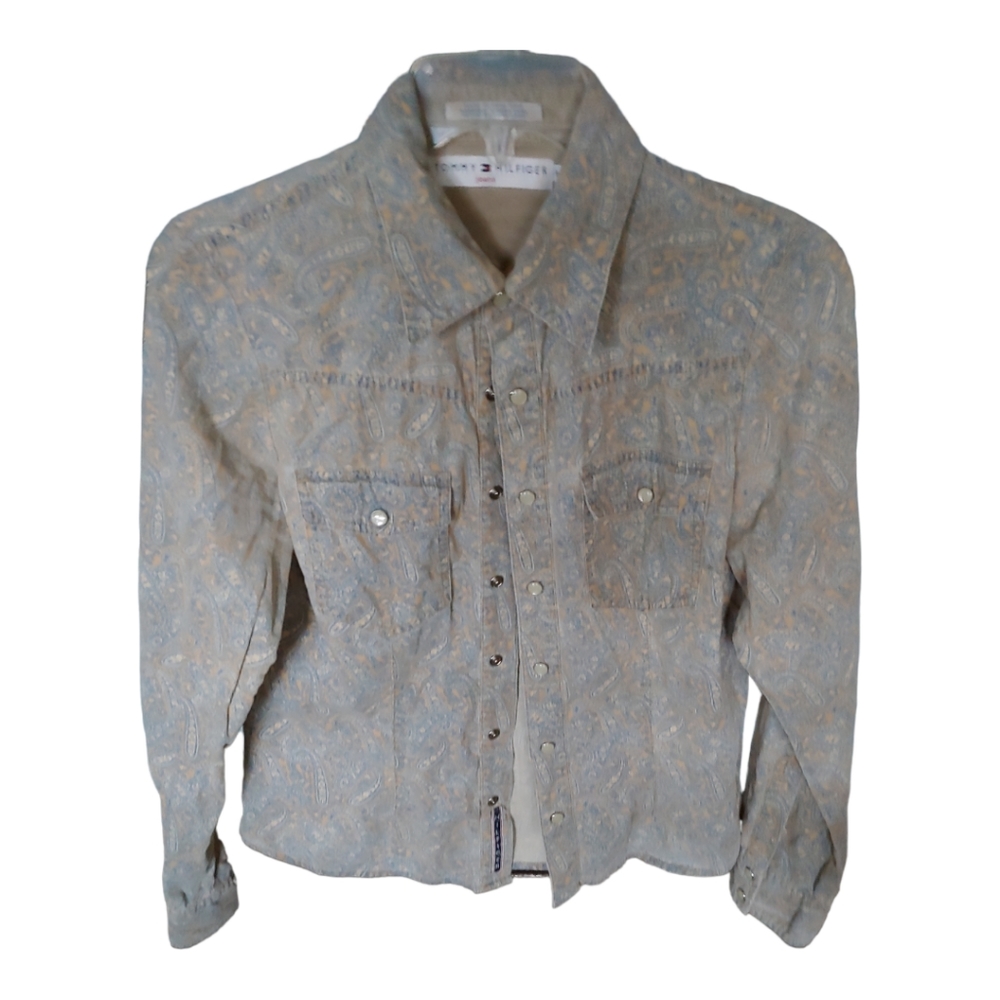 TOMMY HILFIGER M Shirt Lightweight Flannel Snap front Women's l Gray/Pink/ White